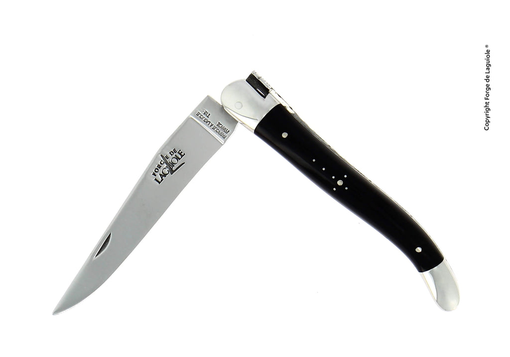 Navaja plegable Forge De Laguiole, 11 cm, mango con punta de cuerno oscuro, acabado brillante