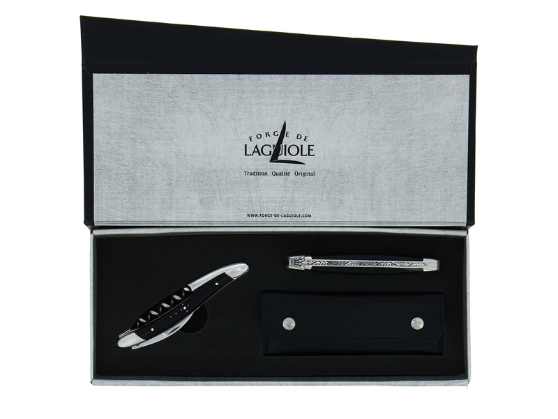 Set de regalo - Cuerno Oscuro - Abridor de vinos y navaja de bolsillo de sumiller. Acabado pulido